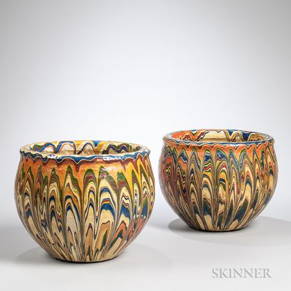 Pair of Marbled Polychrome Pottery Jardinieres