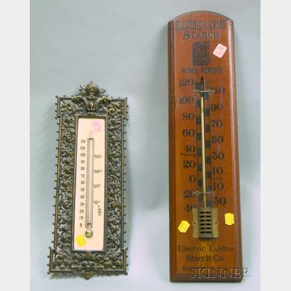 Electric Lustre Starch Co. Wooden Advertising Wall Thermometer and a Victorian Cast Brass and Porcelain Wall Th... 