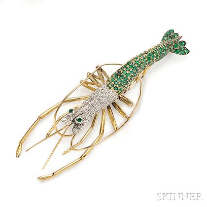 14kt Gold, Emerald, and Diamond Brooch