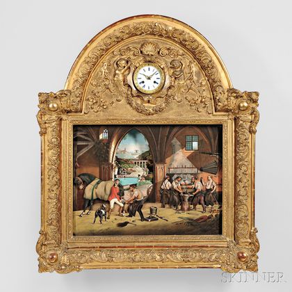 Gilt-framed Musical Automaton Picture Clock Depicting a Farrier's Shop