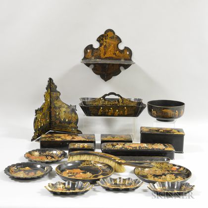 Eighteen Lacquered Chinioserie-decorated Tableware Items
