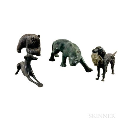Three Bronze Animals and a Black Forest Carved Bear