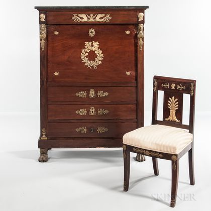 Empire-style Mahogany, Mahogany-veneered, and Ormolu-mounted Secretaire a Abattant and a Matching Side Chair