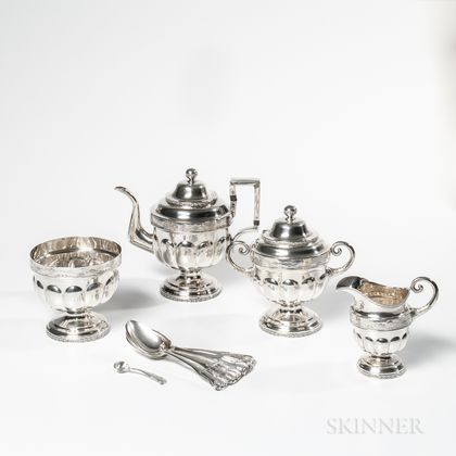 Four-piece Coin Silver Tea Set and Seven Spoons