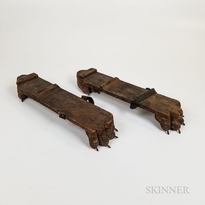 Pair of Carved Wood and Leather Paw Print Shoes