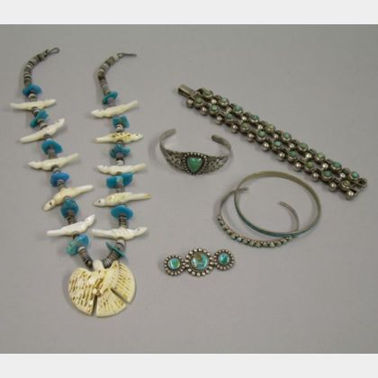 Five Southwestern Silver and Other Jewelry Items and a Mexican Silver Bracelet. 
