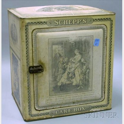Schepps Lithograph Decorated Tin Cake Box. 