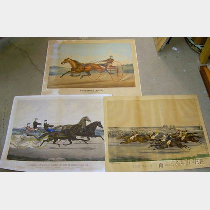 Three Unframed Hand-colored Lithographs and a Currier & Ives Chromolithograph Horse and Trotter Racing Prints