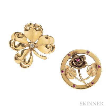 Two Retro 14kt Gold Brooches