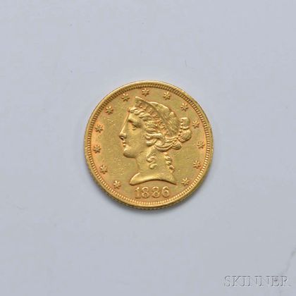 1886 $5 Liberty Head Gold Coin. Estimate $200-300