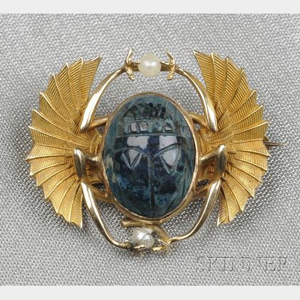 Art Nouveau 14kt Gold and Hardstone Winged Scarab Brooch