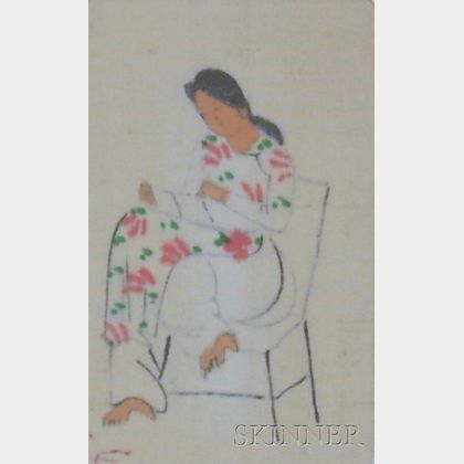 Framed Vietnamese School Mixed Media on Silk Portrait of a Seated Woman