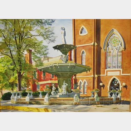 Lot of Two Unframed Watercolors by Joel W. Reichard (American, 20th Century) Broadway Fountain, Madison, Indiana