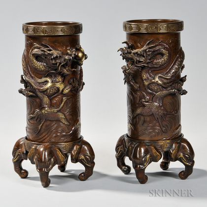 Pair of Bronze Dragon Vases