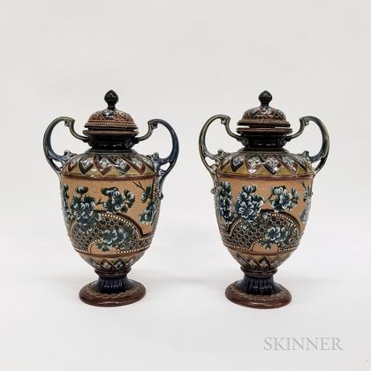 Pair of Doulton Lambeth Stoneware Covered Urns