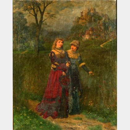 Friedrich Bodenmuller (German, 1845-1913) Two Women Before a Hillside Castle