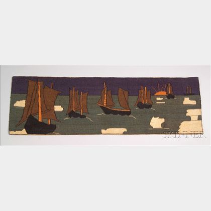 Hooked Sisal and Cotton Pictorial Mat with Arctic Sailing Vessels at Sunset