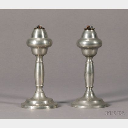 Near Pair of Lozenge-form Pewter Whale Oil Lamps