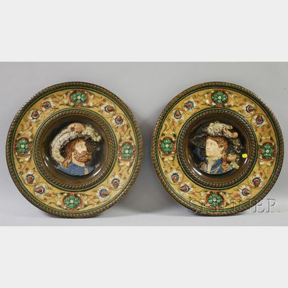 Pair of Large German Renaissance Revival Majolica Glazed Pottery Profile Portrait Plaques