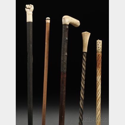 Five Scrimshaw Walking Sticks