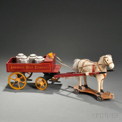 Painted Wood and Cloth American Milk Company Toy Delivery Wagon