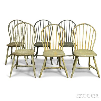 Assembled Set of Six Gray-painted Bow-back Windsor Side Chairs