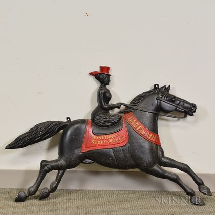 Reproduction Cincinnati Stove Works Black- and Red-painted Cast Iron Horse and Rider