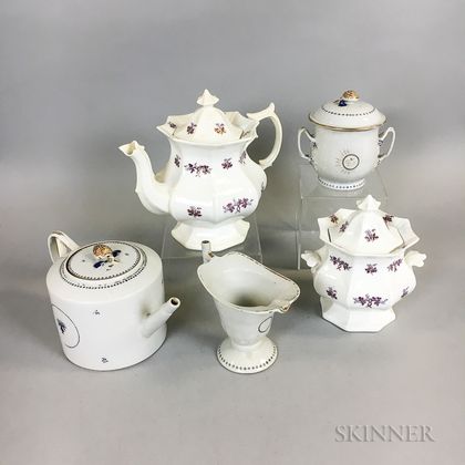 Three-piece Chinese Export Porcelain Tea Service and Two Chelsea Tea Wares