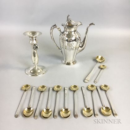 Gorham Sterling Silver Coffeepot, Sterling Silver Weighted Candlestick, and a Sterling Silver Ice Cream Spoon Set
