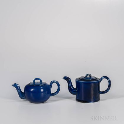 Two Staffordshire Salt-glazed Stoneware Littler's Blue Teapots and Covers