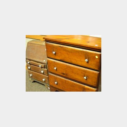 Childs Wooden Slant-lid Desk and a Small Pine Three-Drawer Chest. 