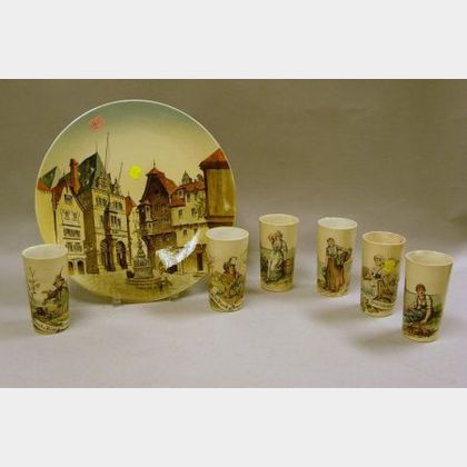Seven Villeroy & Boch Printed Underglaze Tumblers and a Stadthaus in Berncastel Plaque