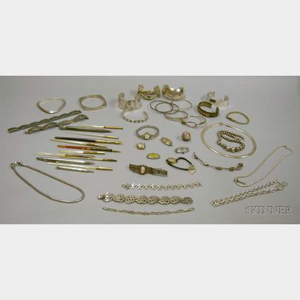 Lot of Assorted Silver Bracelets and Necklaces, a Group of Quill Pens and Mechanical Pencils, and a Group of Se... 
