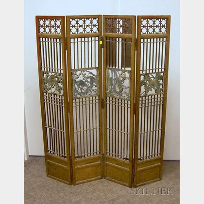 Carved and Painted Four-Fold Giltwood Screen. 