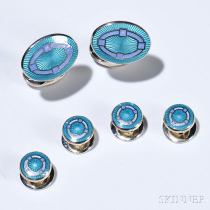 Gentlemans Dress Set, Deakin & Francis, sterling silver with turquoise and light blue enamel, comprising a pair of cuff links and four 