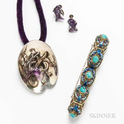 Mexican Sterling Silver and Hardstone Pendant/Brooch, Similar Amethyst Earclips, and a Gilt-silver, Enamel, and Turquoise Bracelet