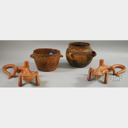 Two Moroccan Pottery Items and Pair of Contemporary Iguana Candleholders. 