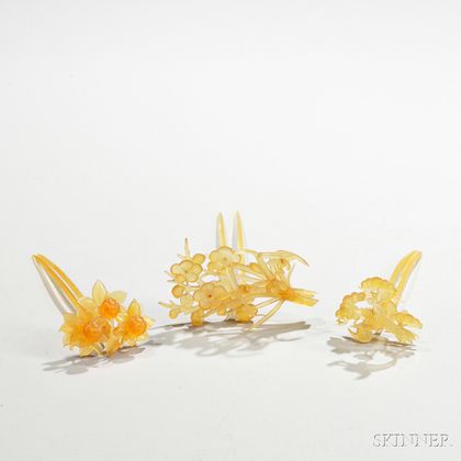 Three Amber Resin Kanzashi Hairpins