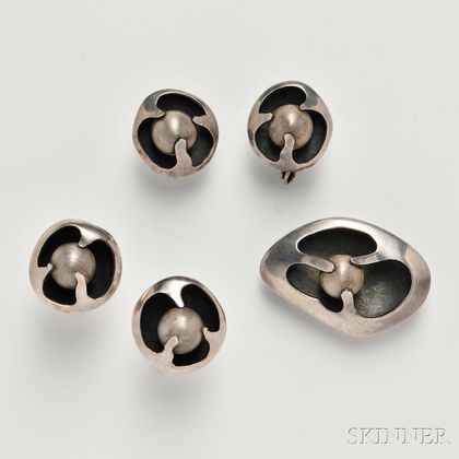 Sigfredo Pineda Sterling Silver Brooch, Earrings, and Cuff Links Suite