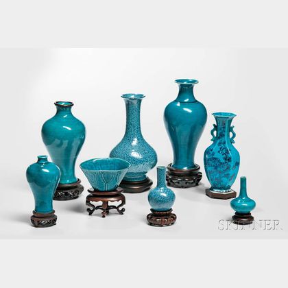 Eight Turquoise Blue- and Robin's Egg-glazed Ceramic Items