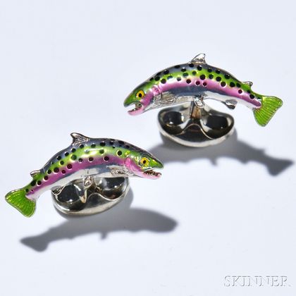 Pair of Trout Cuff Links, Deakin & Francis, sterling silver and enamel, signed. 