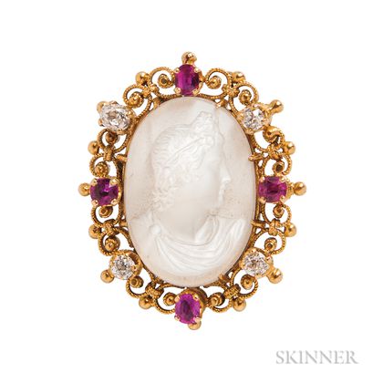 Antique Gold and Moonstone Cameo Brooch