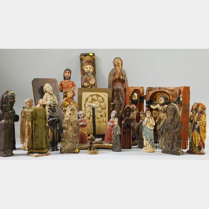 Collection of Mostly Carved and Painted Wood Santos Figures and Icons