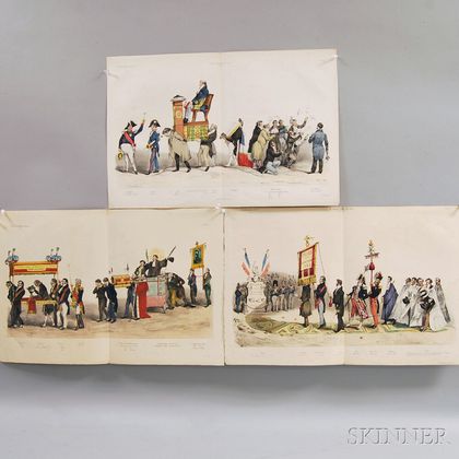 French School, 19th Century Three Hand-colored Prints from La Caricature , No. 53, 55