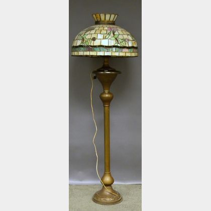 Brass Floor Lamp with Leaded Floral Pattern Art Glass Shade
