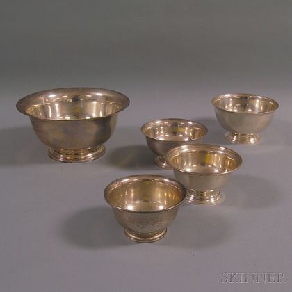 Five Graduated Sterling Silver Revere-type Bowls