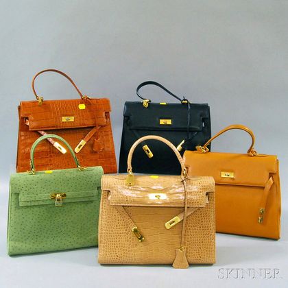 Five Birkin-style Leather and Suede Handbags