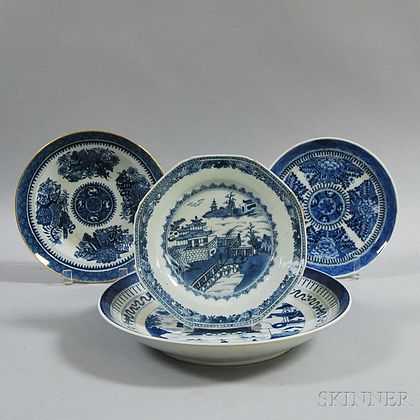 Four Chinese Export Porcelain Blue and White Plates