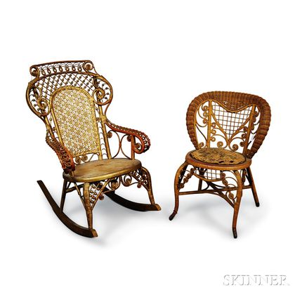 Whitney Reed Wicker Child's Chair and a Gold-painted Fancy Wicker Rocker. Estimate $40-60