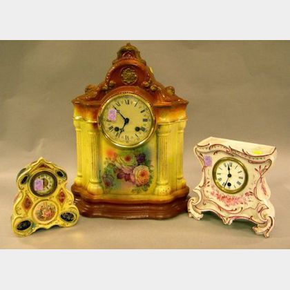 Three Continental-style Decorated China Mantel Clocks. 